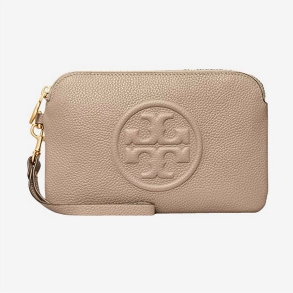 Tory Burch Tan Pebbled Leather Perry Bombe Wristlet - Picture 13 of 13
